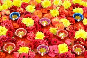 Diwali lights surrounded by yellow, orange and red flowers