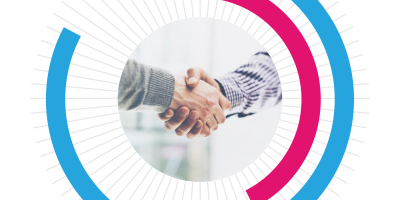 circular bar graph with hands shaking photo in the middle