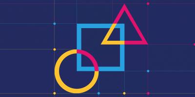 Centered on a blue background, overlapping outlines of a yellow circle, blue circle, and pink triangle