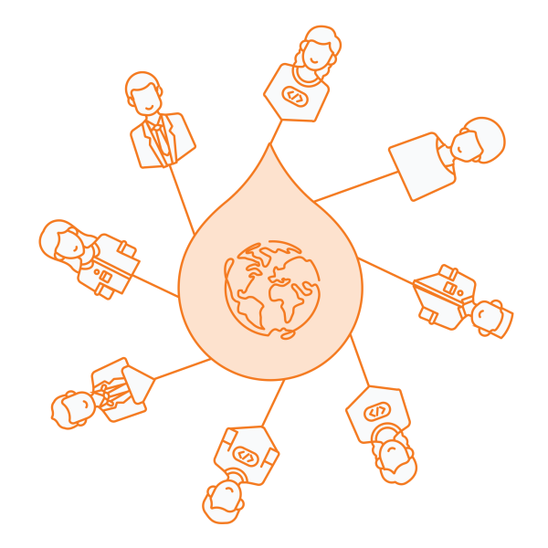 Acquia droplet with globe inside of it branching out to various people