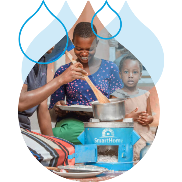 blue outlines of the acquia droplet with an image of people huddled around a one pot meal masked in an Acquia droplet