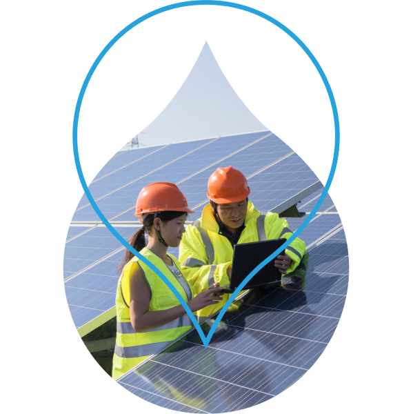 Image of 2 people working on solar panels in a cropped region of the Acquia Droplet