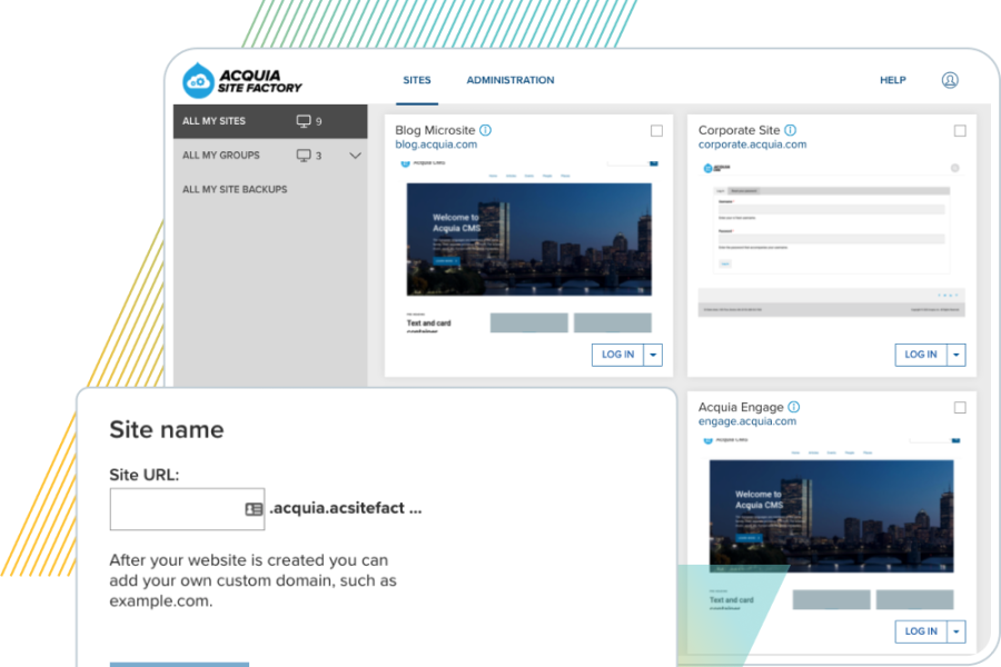 Overlapping screenshots pulled from the Site Factory product interface