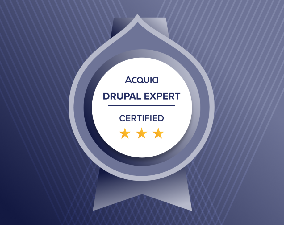 Digital graphic of Triple Certified Drupal Expert badge, the new name that replaces the old certification title of "Grand Master" 