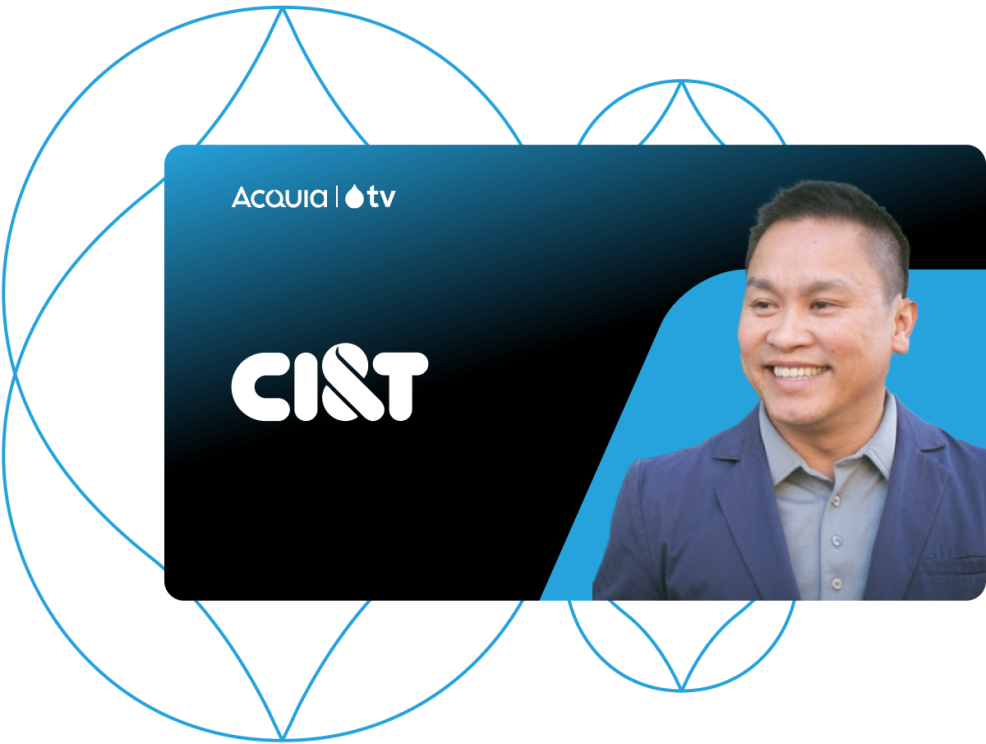 black and blue gradient background with the headshot of a main and the Acquia TV and CIandT logos