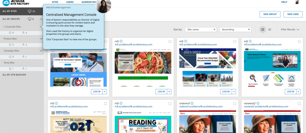 Screenshot of the Acquia Site Factory admin dashboard